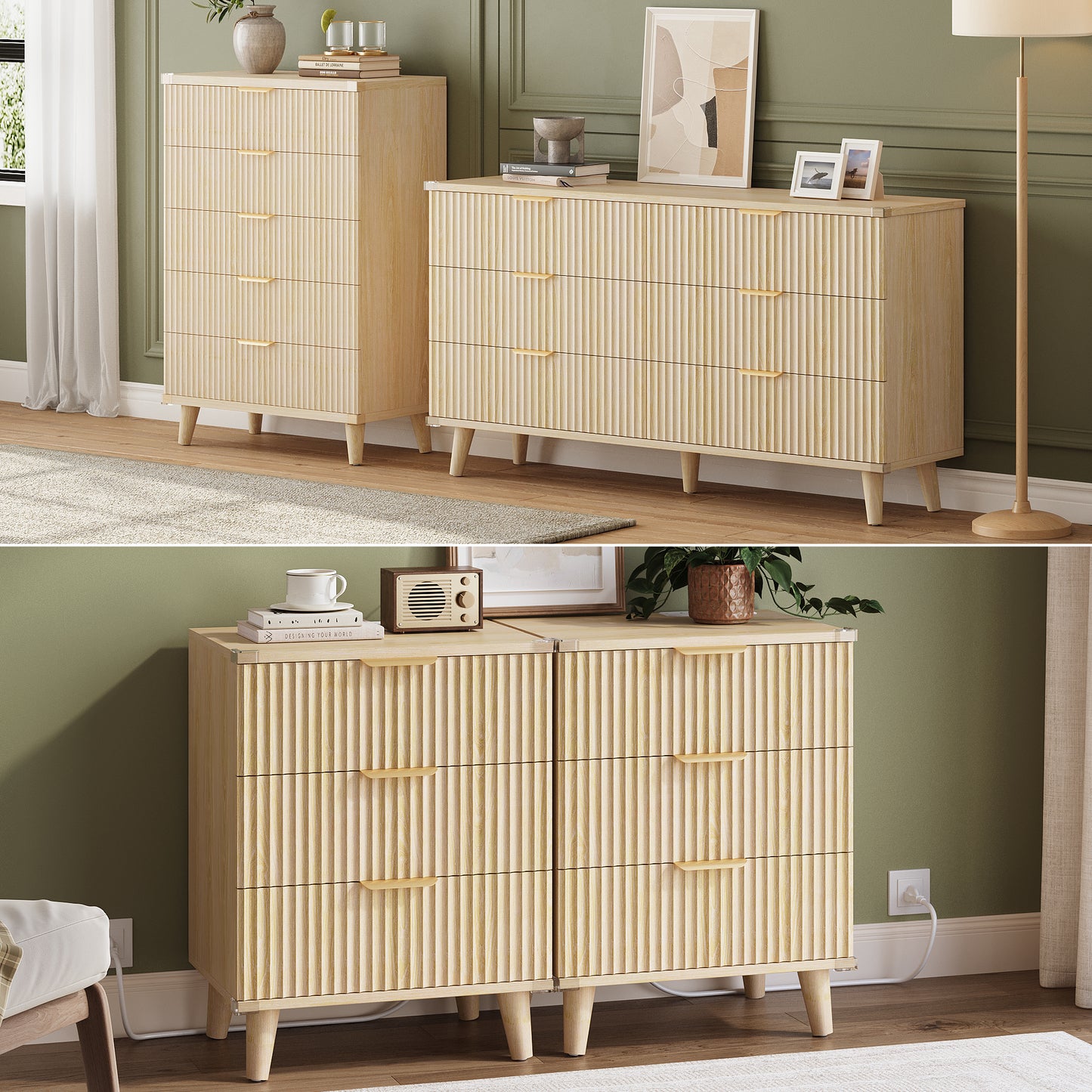 GIKPAL Bedroom Furniture Set - Includes 6 Drawer Dresser & 5 Drawer Dresser & 3 Drawer Nightstand Set of 2 with USB, Boho Dresser and Nightstand Sets, Natural