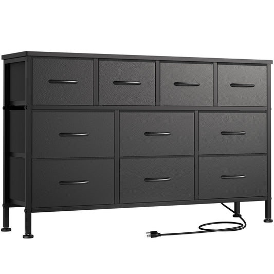 AOWOS Dresser TV Stand with 10 Drawers Dresser for Bedroom, Black Chests of Drawers TV Console with Leather Finish for Living Room Bedroom