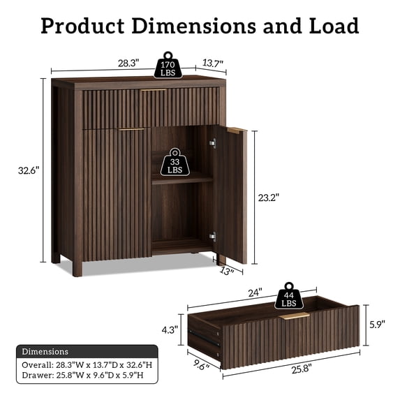 GIKPAL Storage Cabinet with Fluted Doors, Sideboard Buffet Cabinet with Storage Drawers, Modern Kitchen Accent Organizer with Adjustable Shelves, Walnut Set of 2