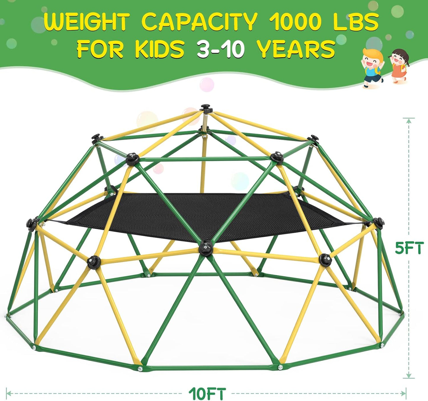 GIKPAL Climbing Dome, 10FT Dome Climber with Hammock for Kids 3 to 10 Outdoor Play Equipment, Supports up to 1000lbs Jungle Gym, Anti-Rust, Easy Assembly, Yellow+Green
