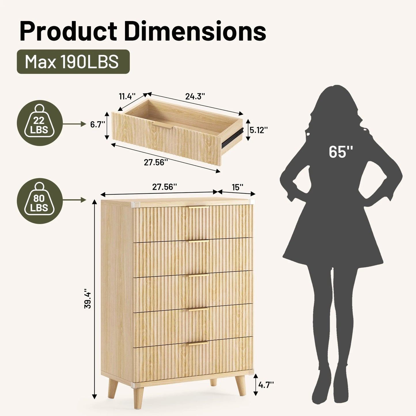GIKPAL Dresser for Bedroom with 5 Drawer Tall Dresser Chest of Drawers Wooden Dressers Storage for Closet Living Room Hallway, Natural