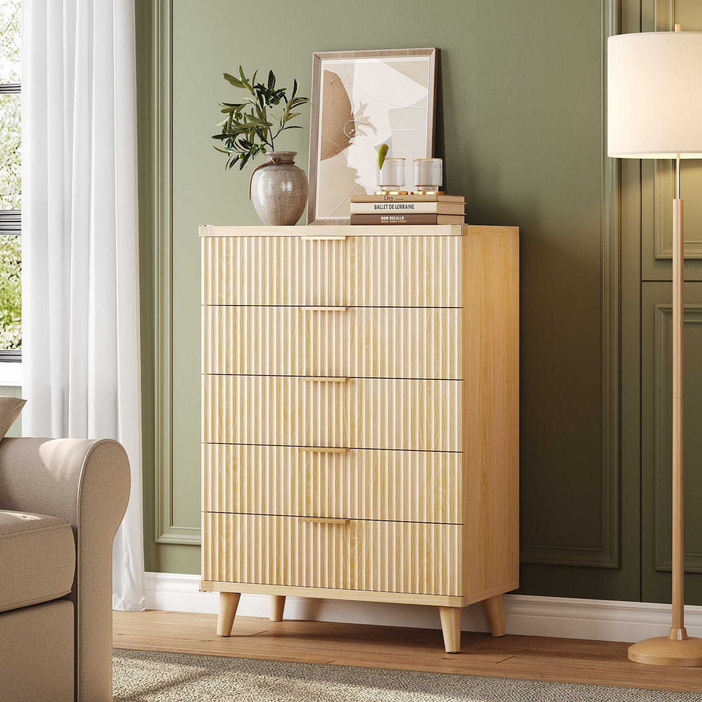 GIKPAL Dresser for Bedroom with 5 Drawer Tall Dresser Chest of Drawers Wooden Dressers Storage for Closet Living Room Hallway, Natural