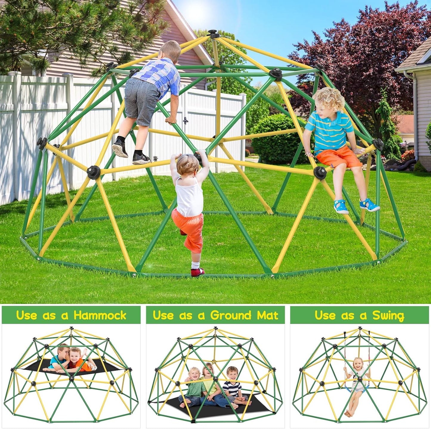 GIKPAL Climbing Dome, 10FT Dome Climber with Hammock for Kids 3 to 10 Outdoor Play Equipment, Supports up to 1000lbs Jungle Gym, Anti-Rust, Easy Assembly, Yellow+Green