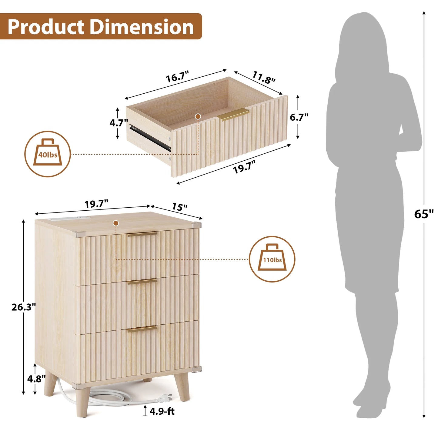 GIKPAL 3 Drawer Dresser with Charging Station, Small Dresser & Fluted End Table, Baby Dresser with Solid Wooden Legs for Bedroom, Natural