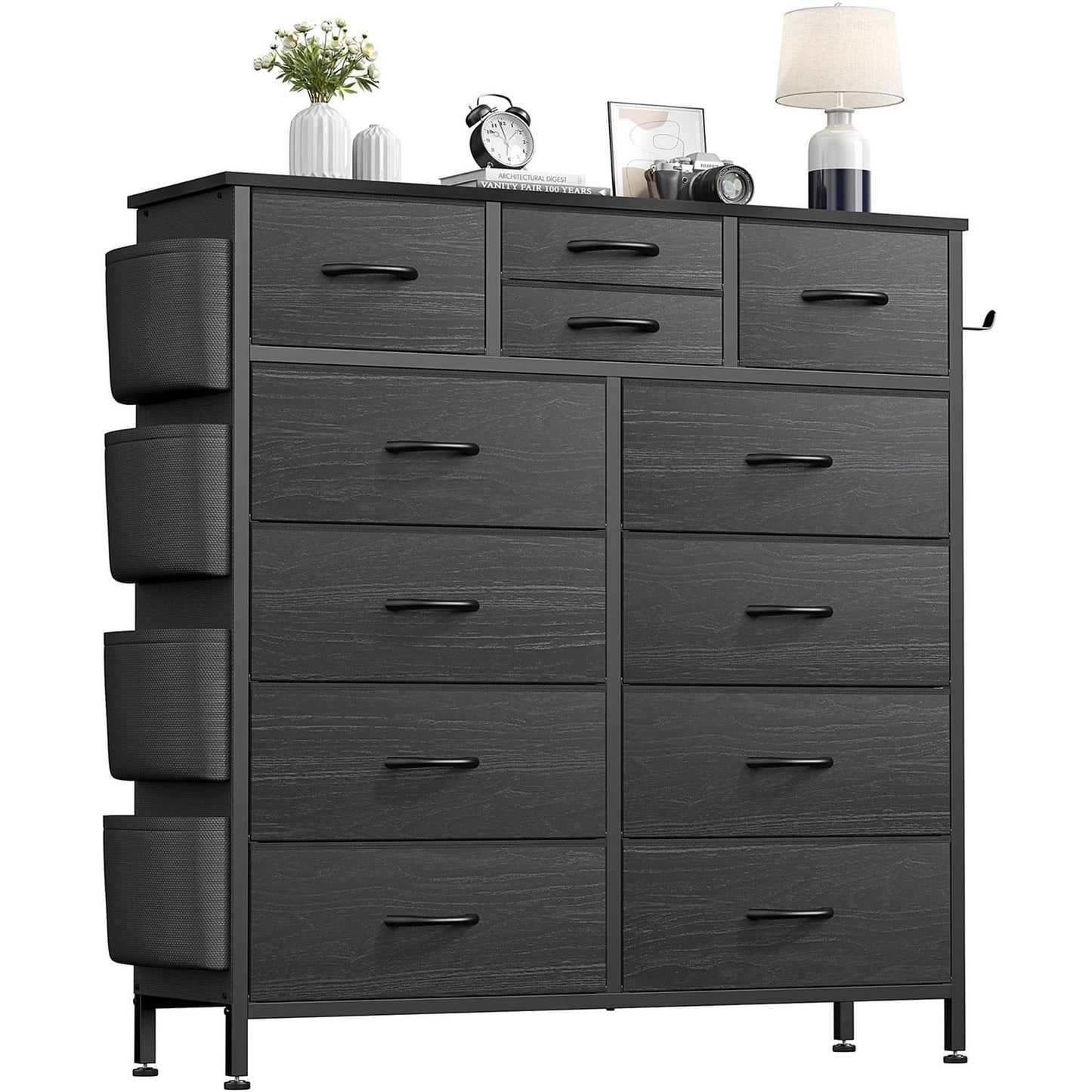 AOWOS 12 Drawer Dresser for Bedroom Fabric Storage Tower Black Dresser with Wood Top Sturdy Steel Frame Storage Organizer Unit