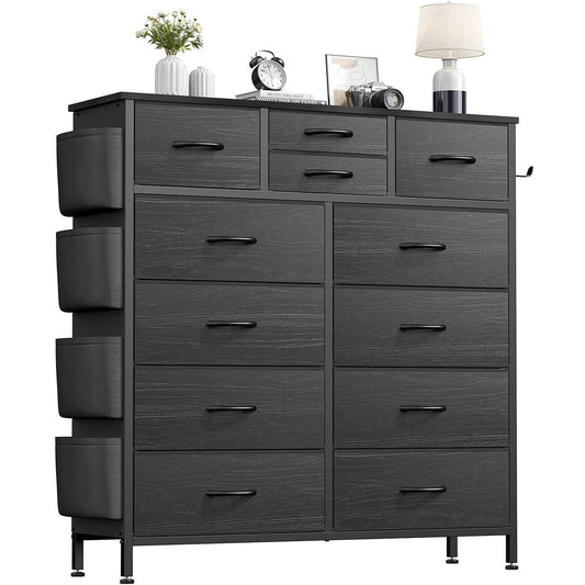 AOWOS 12 Drawer Dresser for Bedroom Fabric Storage Tower Black Dresser with Wood Top Sturdy Steel Frame Storage Organizer Unit