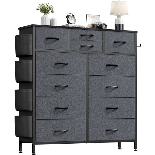 AOWOS 12 Drawer Dressers for Bedroom Fabric Dresser Storage Tower Chest of Drawers with Wood Top Sturdy Steel Frame Organizer Unit Gray