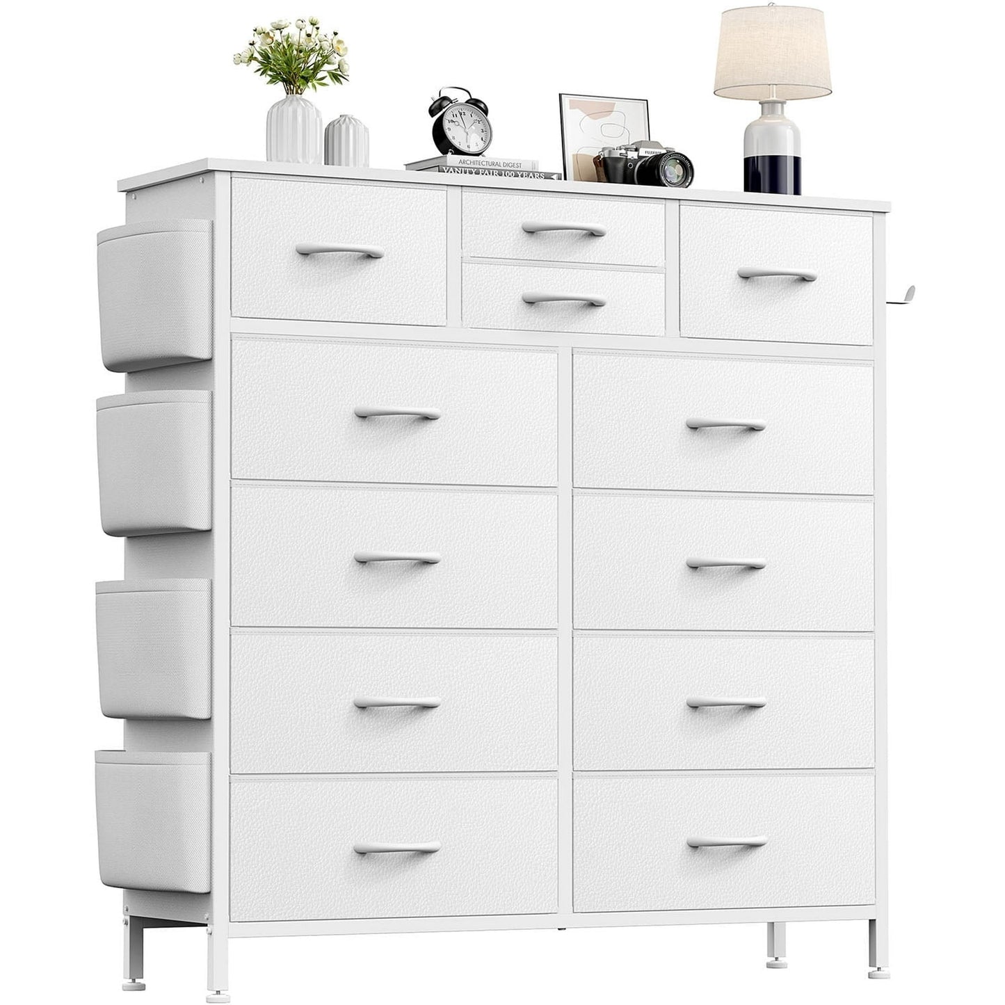 AOWOS 12 Drawers Dresser, Chest of Drawers Dressers for Bedroom Fabric Dresser with Leather Finish for Adult White