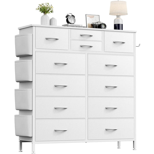 AOWOS 12 Drawers Dresser, Chest of Drawers Dressers for Bedroom Fabric Dresser with Leather Finish for Adult White