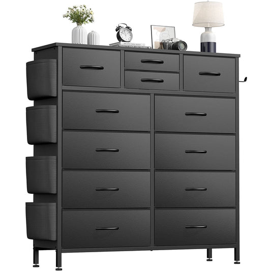 AOWOS 12 Drawers Dresser, Chest of Drawers Fabric Dressers for Bedroom Dressers with Leather Finish for Adult Black
