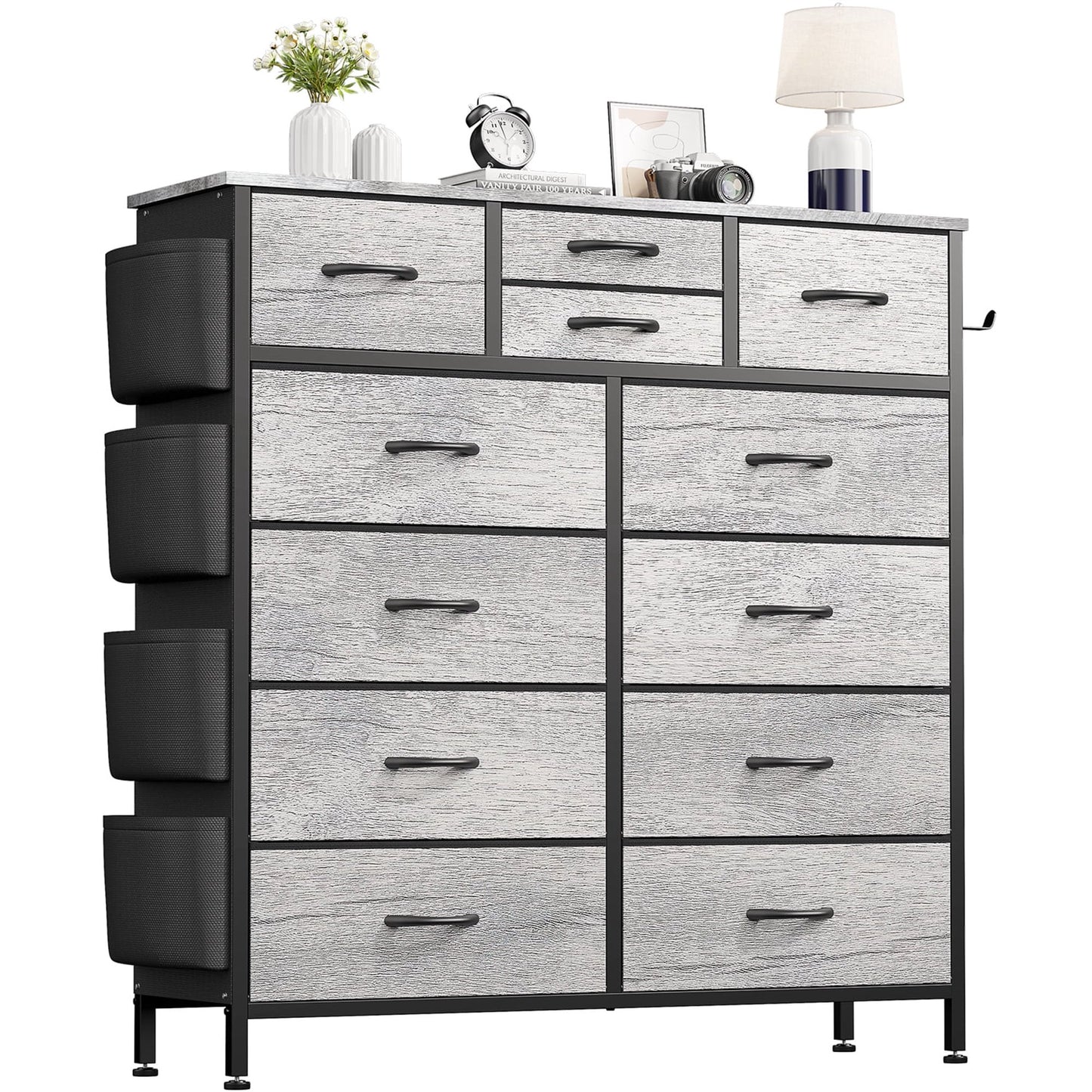 AOWOS 12 Drawers Dresser Chest of Drawers Fabric Dressers for Bedroom with Hooks and Side Pockets for Living Room, Oak