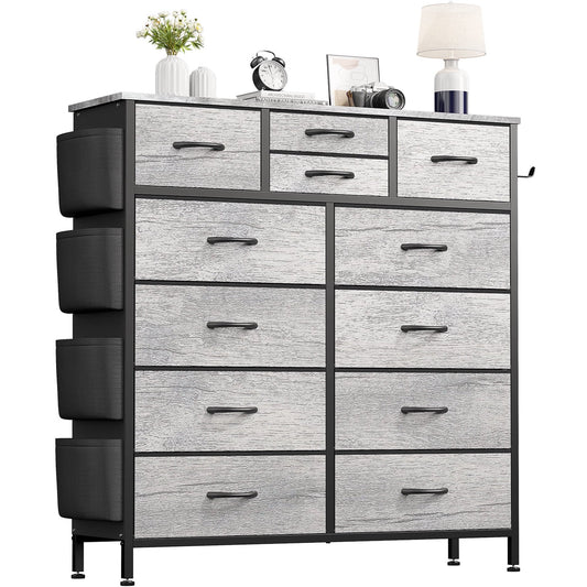 AOWOS 12 Drawers Dresser Chest of Drawers Fabric Dressers for Bedroom with Hooks and Side Pockets for Living Room, Oak