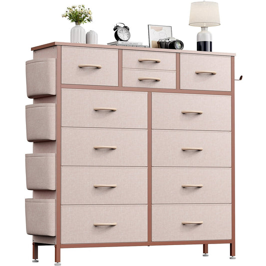 AOWOS 12 Drawers Dresser Chest of Drawers Fabric Dressers for Bedroom with Hooks and Side Pockets for Living Room, Pink