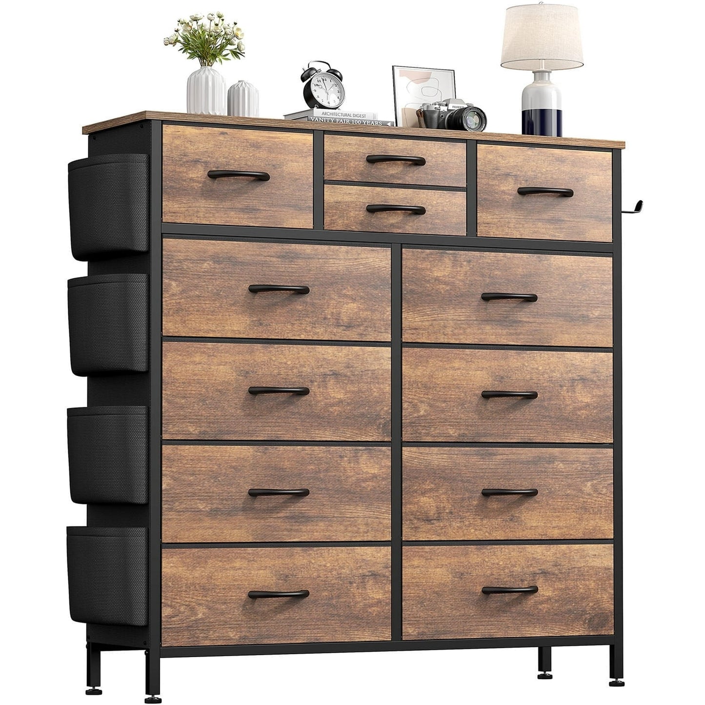 AOWOS 12 Drawers Dresser Fabric Dressers for Bedroom Chest of Drawers with Wood Top Rustic Brown