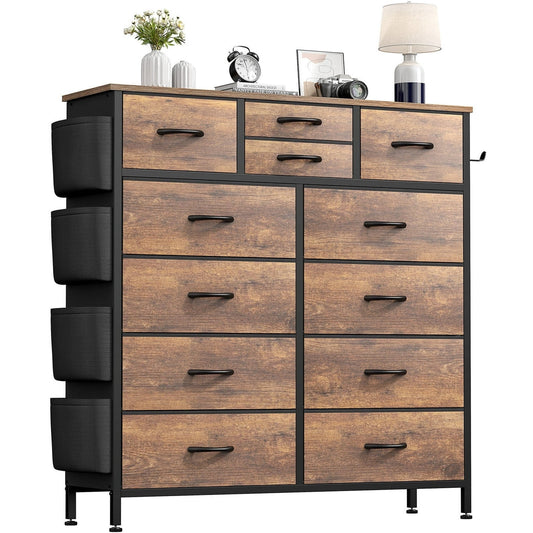 AOWOS 12 Drawers Dresser Fabric Dressers for Bedroom Chest of Drawers with Wood Top Rustic Brown