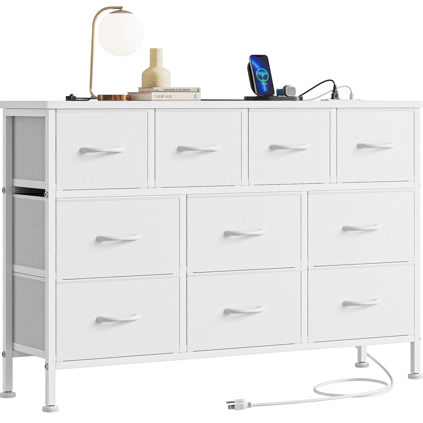 AOWOS Dresser TV Stand with 10 Drawers Dresser for Bedroom, White Chests of Drawers TV Console with Leather Finish for Living Room Bedroom