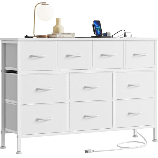 AOWOS Dresser TV Stand with 10 Drawers Dresser for Bedroom, White Chests of Drawers TV Console with Leather Finish for Living Room Bedroom