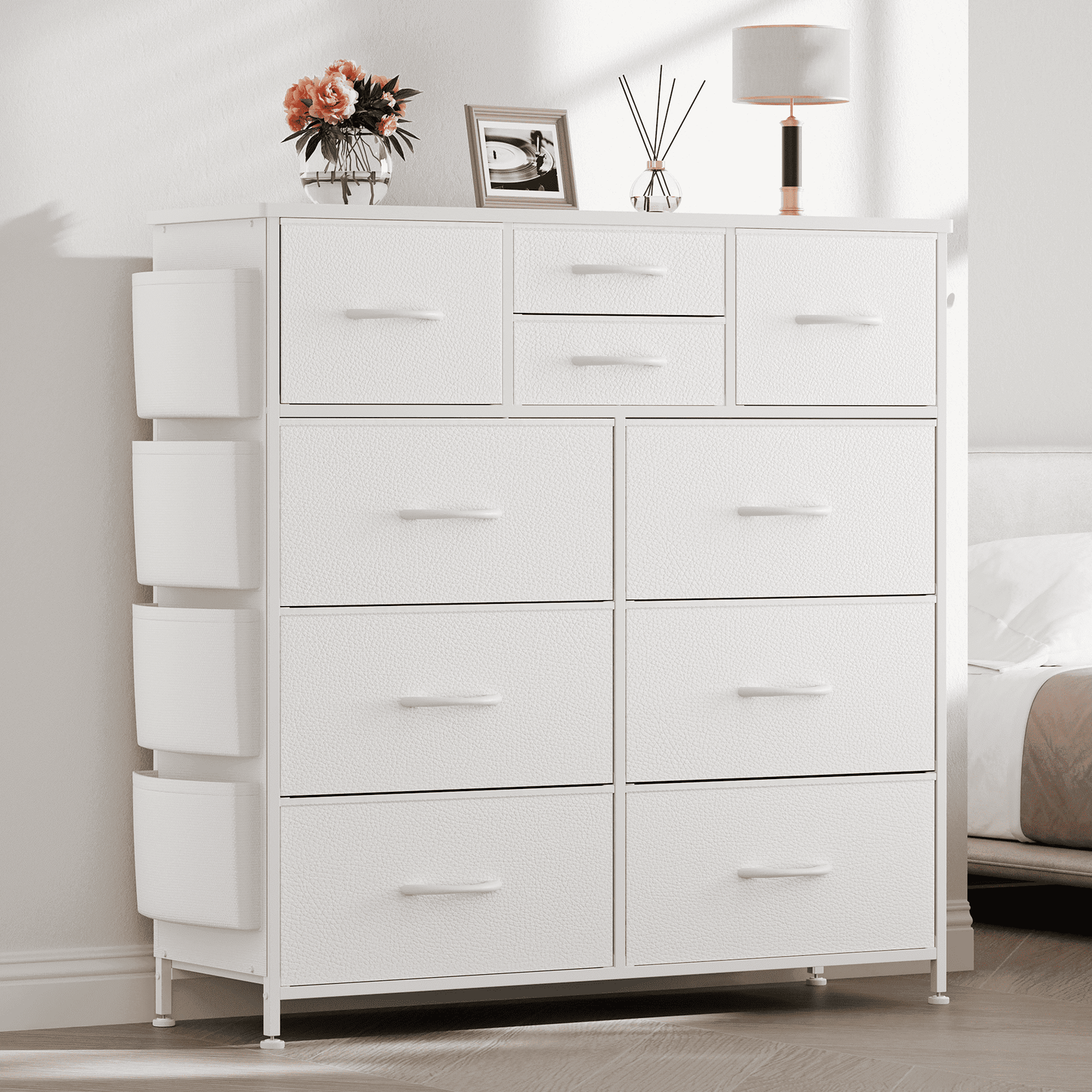 Aowos 10 Drawer Dresser, White Dresser for Bedroom Chest of Drawers Leather Finish with 4 Side Pockets and 2 Hooks for Living Room