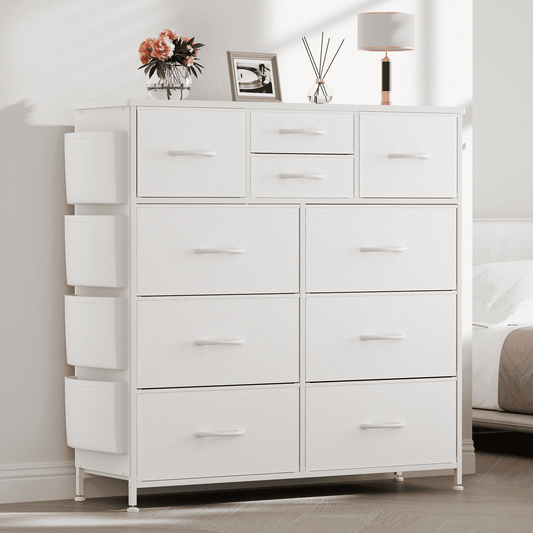 Aowos 10 Drawer Dresser, White Dresser for Bedroom Chest of Drawers Leather Finish with 4 Side Pockets and 2 Hooks for Living Room