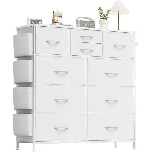 Aowos 10 Drawer Dressers for Bedroom Chest of Drawers Fabric Dresser Wood Top with 2 Hook 3 Side Pockets, White