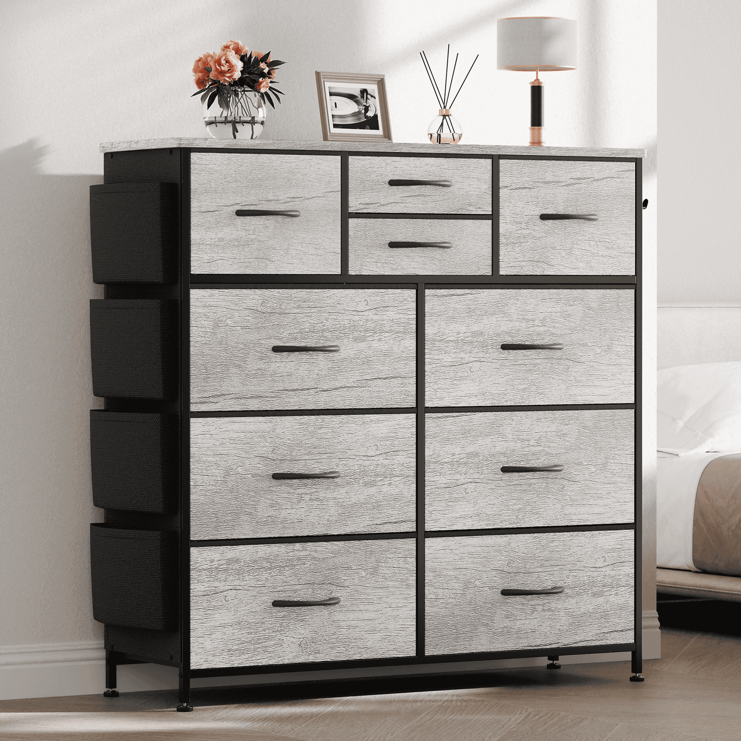 Aowos 10 Drawer Fabric Dresser for Bedroom, Chest of Drawers Organizer Storage Cabinet for Closet, Dressers with Side Pockets and Hooks for Entryway, Oak