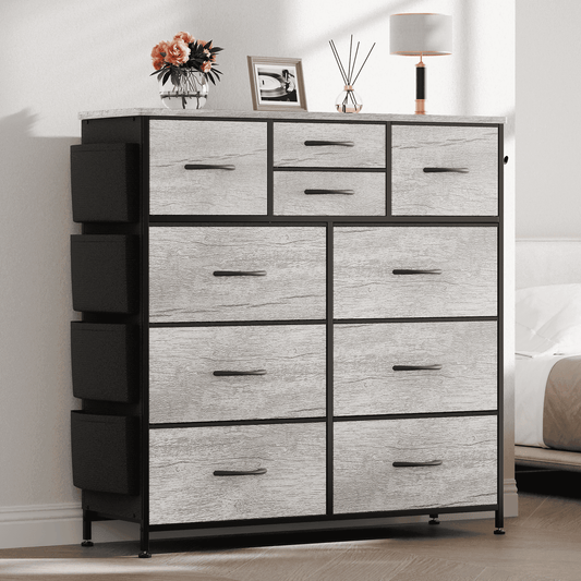 Aowos 10 Drawer Fabric Dresser for Bedroom, Chest of Drawers Organizer Storage Cabinet for Closet, Dressers with Side Pockets and Hooks for Entryway, Oak