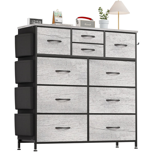 Aowos 10 Drawers Dressers Fabric Dressers for Bedroom Chest of Drawers with Wood Top with 2 Hook 4 Side Pockets, Oak