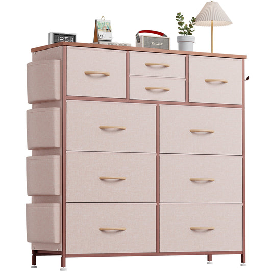 Aowos 10 Drawers Dressers Fabric Dressers for Bedroom Chest of Drawers with Wood Top with 2 Hook 4 Side Pockets, Pink