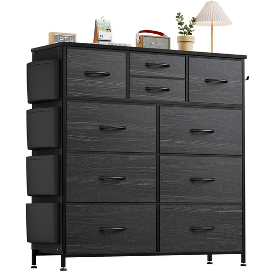 Aowos 10 Drawers Dressers for Bedroom Chest of Drawers Fabric Dresser Wood Top with 2 Hook 3 Side Pockets, Black