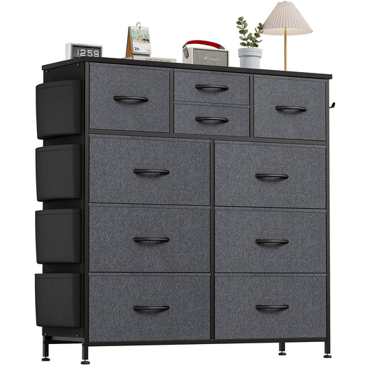 Aowos 10 Drawers Dressers for Bedroom Chest of Drawers Fabric Dresser Wood Top with 2 Hook 3 Side Pockets, Gray