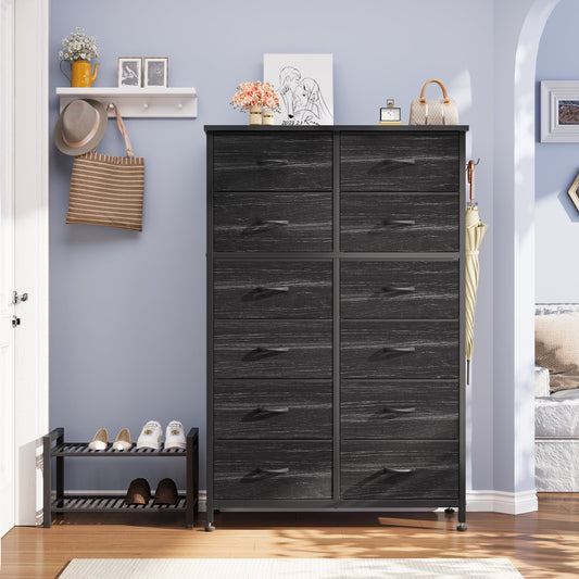 Aowos 12 Drawer Dresser, Black Dressers for Bedroom Chest of Drawers, Tall Dresser for Adult, Steel Frame and Wooden Top