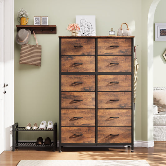 Aowos 12 Drawer Dresser, Dressers for Bedroom Chest of Drawers, Tall Dresser for Adult, Steel Frame and Wooden Top Brown