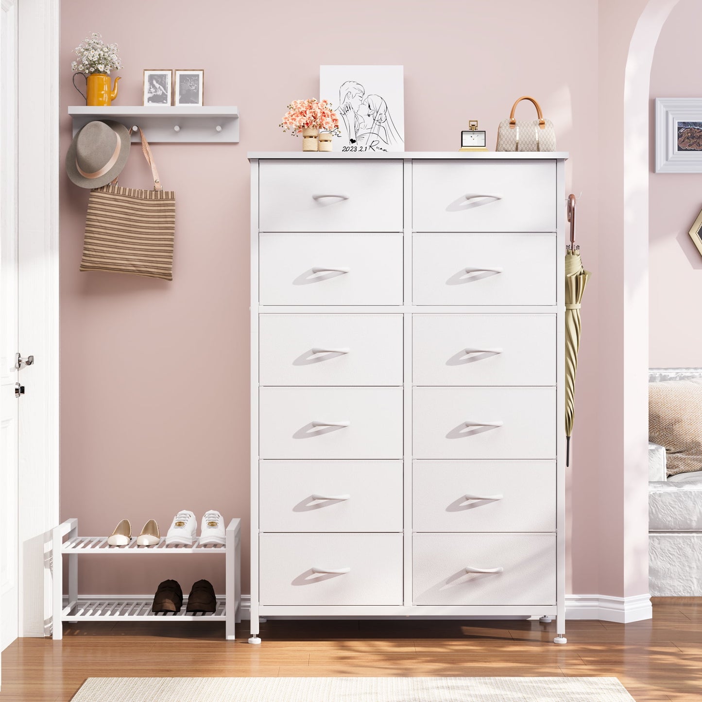 Aowos 12 Drawer Dresser, White Dressers for Bedroom Chest of Drawers, Tall Dresser for Adult, Steel Frame and Wooden Top
