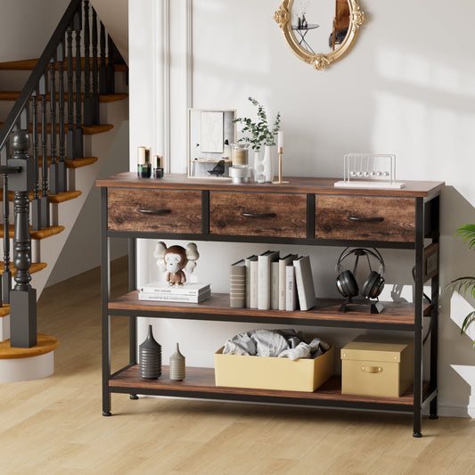 GIKPAL Console Table with Power Outlet,43.3" L Narrow Sofa Table with Drawers, Entryway Table with USB Ports, Behind Couch Table for Entryway, Hallway, Foyer, Living Room, Bedroom, Rustic Brown