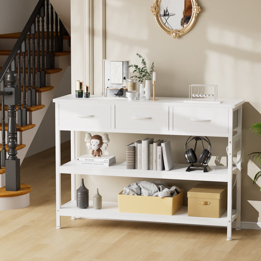 GIKPAL Console Table with Power Outlet,43.3" L Narrow Sofa Table with Drawers, Entryway Table with USB Ports, Behind Couch Table for Entryway, Hallway, Foyer, Living Room, Bedroom, White