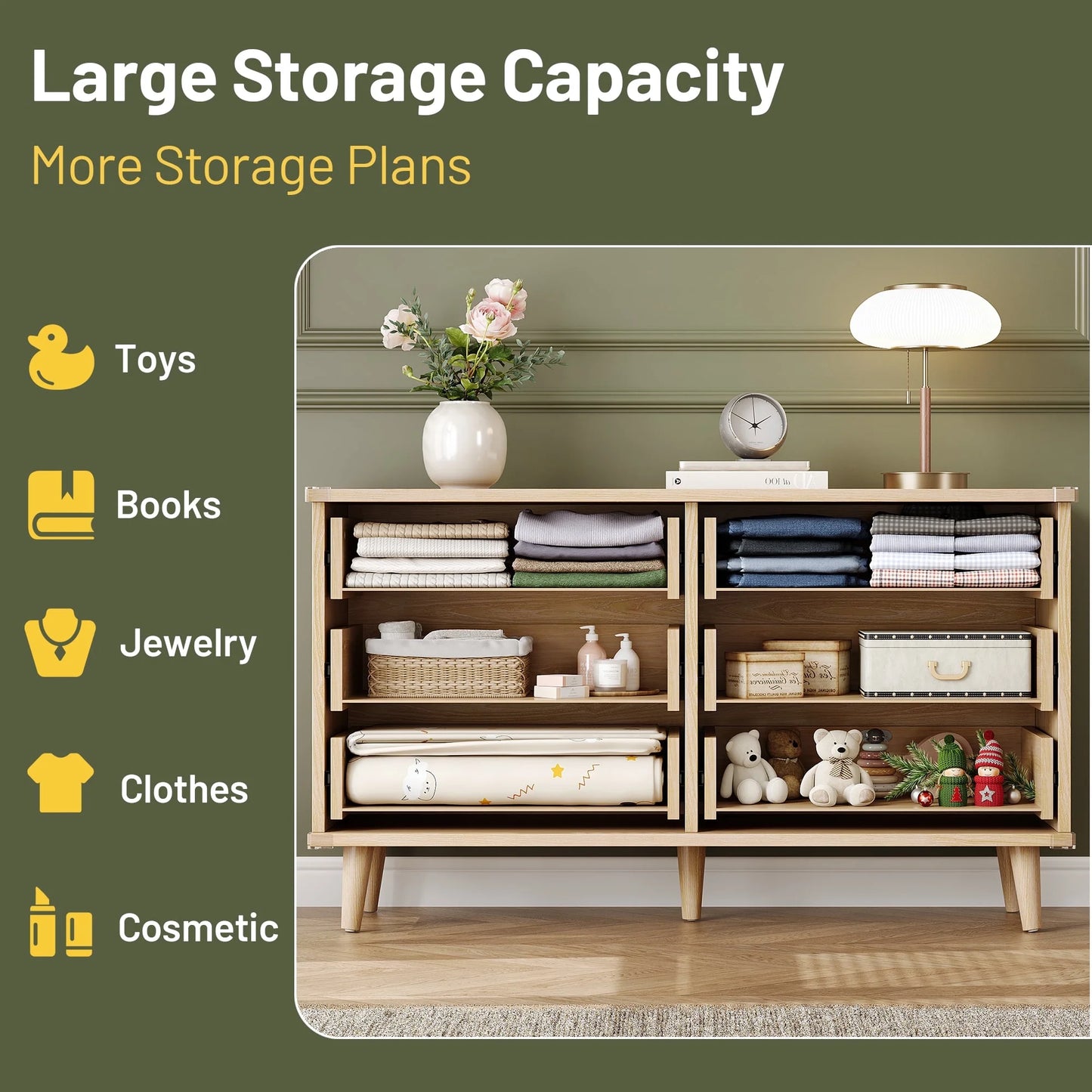 GIKPAL Dressers for Bedroom 6 Drawer, Wood Chest of Double Drawers Dressers, Modern Boho Fluted Storage Cabinet with Metal Handles, for Living Room, Entryway &amp; Hallway, Natural