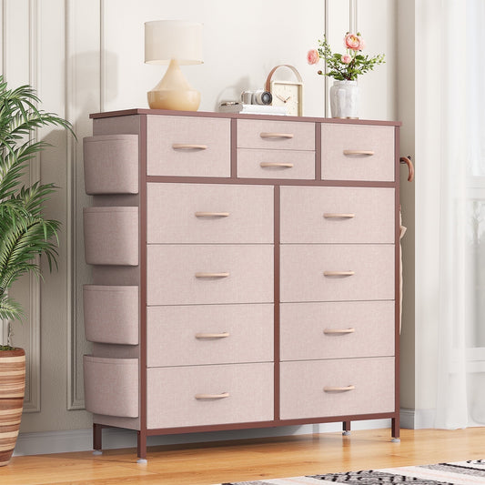 Aowos 12 Drawer Fabric Dresser for Bedroom, Chest of Drawer Organizer Storage Cabinet for Closet, Entryway, Pink