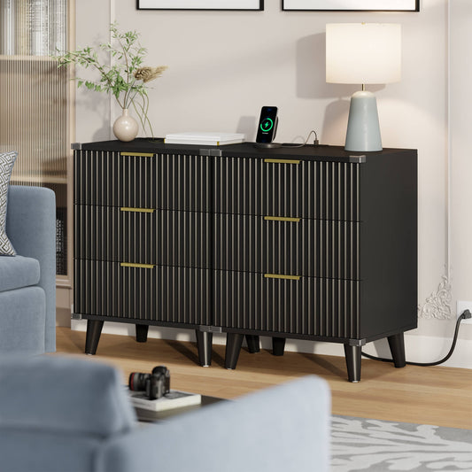 GIKPAL 3 Drawer Dresser Set of 2, Nightstand with Charging Station, Small Dresser with Solid Wooden Legs & Metal Handle for Bedroom, Black