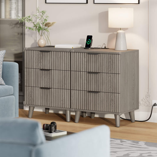 GIKPAL 3 Drawer Dresser Set of 2, Nightstand with Charging Station, Small Dresser with Solid Wooden Legs & Metal Handle for Bedroom, Dark Grey Oak