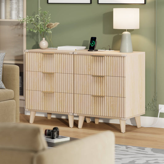 GIKPAL 3 Drawer Dresser Set of 2, Nightstand with Charging Station, Small Dresser with Solid Wooden Legs & Metal Handle for Bedroom, Natural