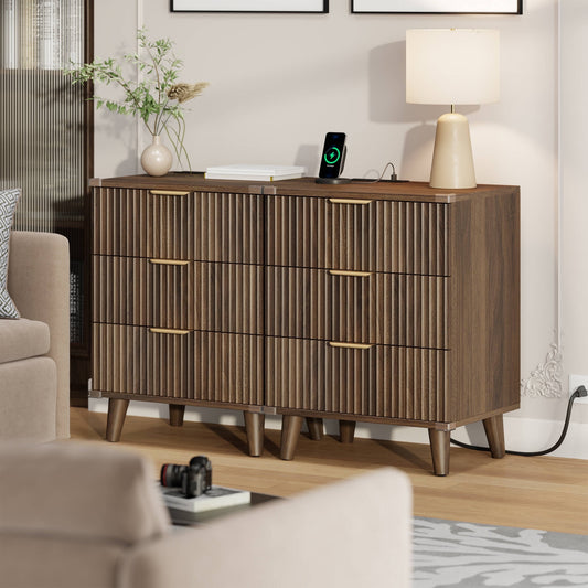 GIKPAL 3 Drawer Dresser Set of 2, Nightstand with Charging Station, Small Dresser with Solid Wooden Legs & Metal Handle for Bedroom, Walnut