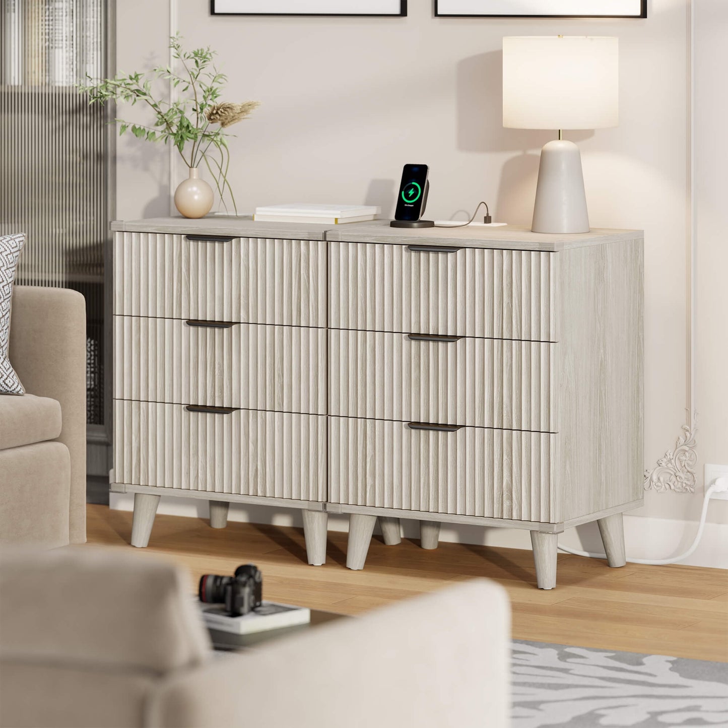 GIKPAL 3 Drawer Dresser Set of 2, Nightstand with Charging Station, Small Dresser with Solid Wooden Legs & Metal Handle for Bedroom, White Oak