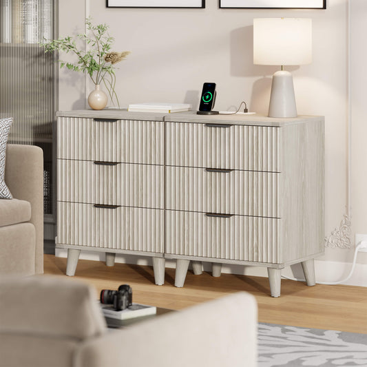 GIKPAL 3 Drawer Dresser Set of 2, Nightstand with Charging Station, Small Dresser with Solid Wooden Legs & Metal Handle for Bedroom, White Oak