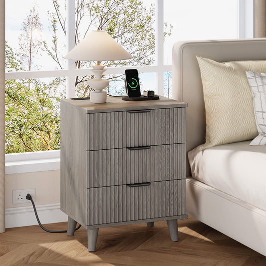 GIKPAL 3 Drawer Dresser with Charging Station, Small Dresser & Fluted End Table, Baby Dresser with Solid Wooden Legs for Bedroom, Dark Grey Oak