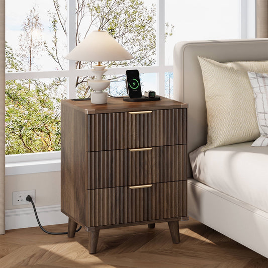 GIKPAL 3 Drawer Dresser with Charging Station, Small Dresser & Fluted End Table, Baby Dresser with Solid Wooden Legs for Bedroom, Walnut