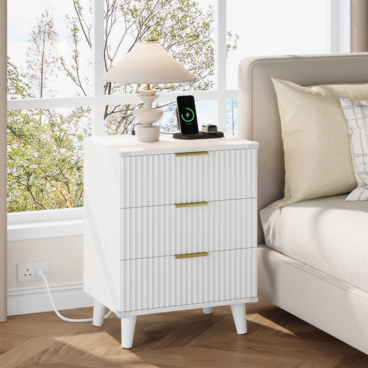 GIKPAL 3 Drawer Dresser with Charging Station, Small Dresser & Fluted End Table, White Dresser with Solid Wooden Legs for Bedroom, White
