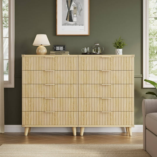 GIKPAL 5 Drawers Tall Dresser Set of 2, Modern Boho Fluted Dresser Wood Chest of Drawers for Bedroom Living Room Hallway Entryway