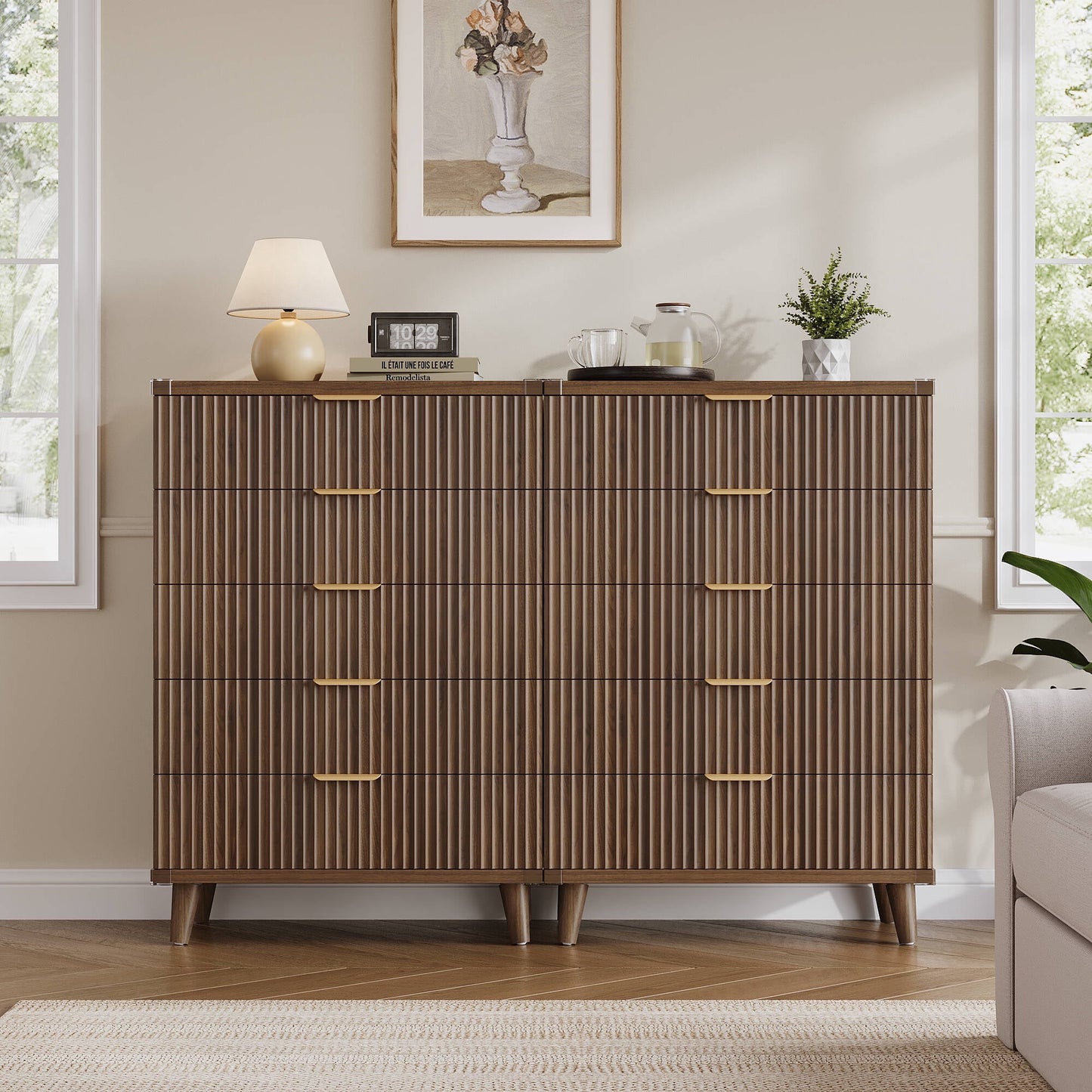 GIKPAL 5 Drawers Tall Dresser Set of 2, Modern Boho Fluted Dresser Wood Chest of Drawers for Bedroom Living Room Hallway Entryway