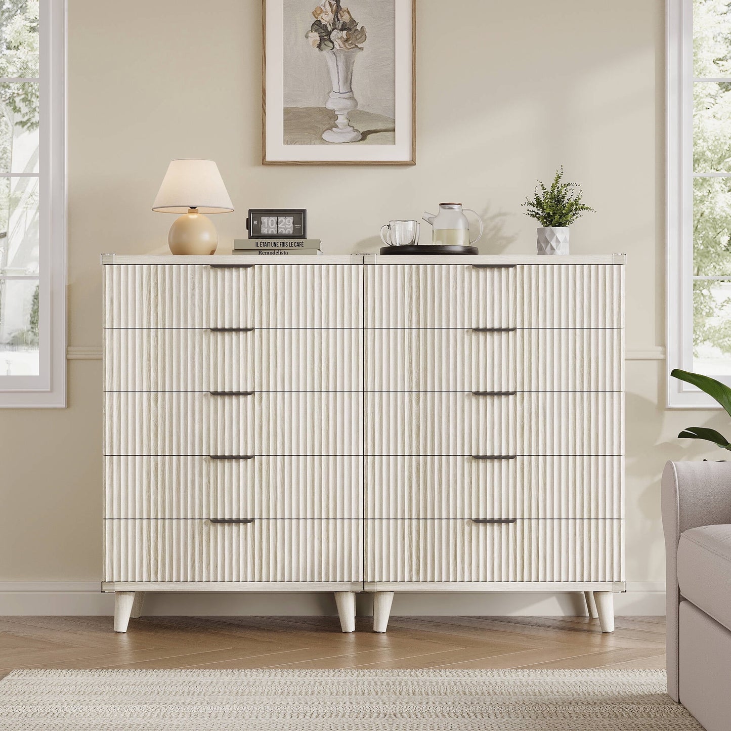 GIKPAL 5 Drawers Tall Dresser Set of 2, Modern Boho Fluted Dresser Wood Chest of Drawers for Bedroom Living Room Hallway Entryway
