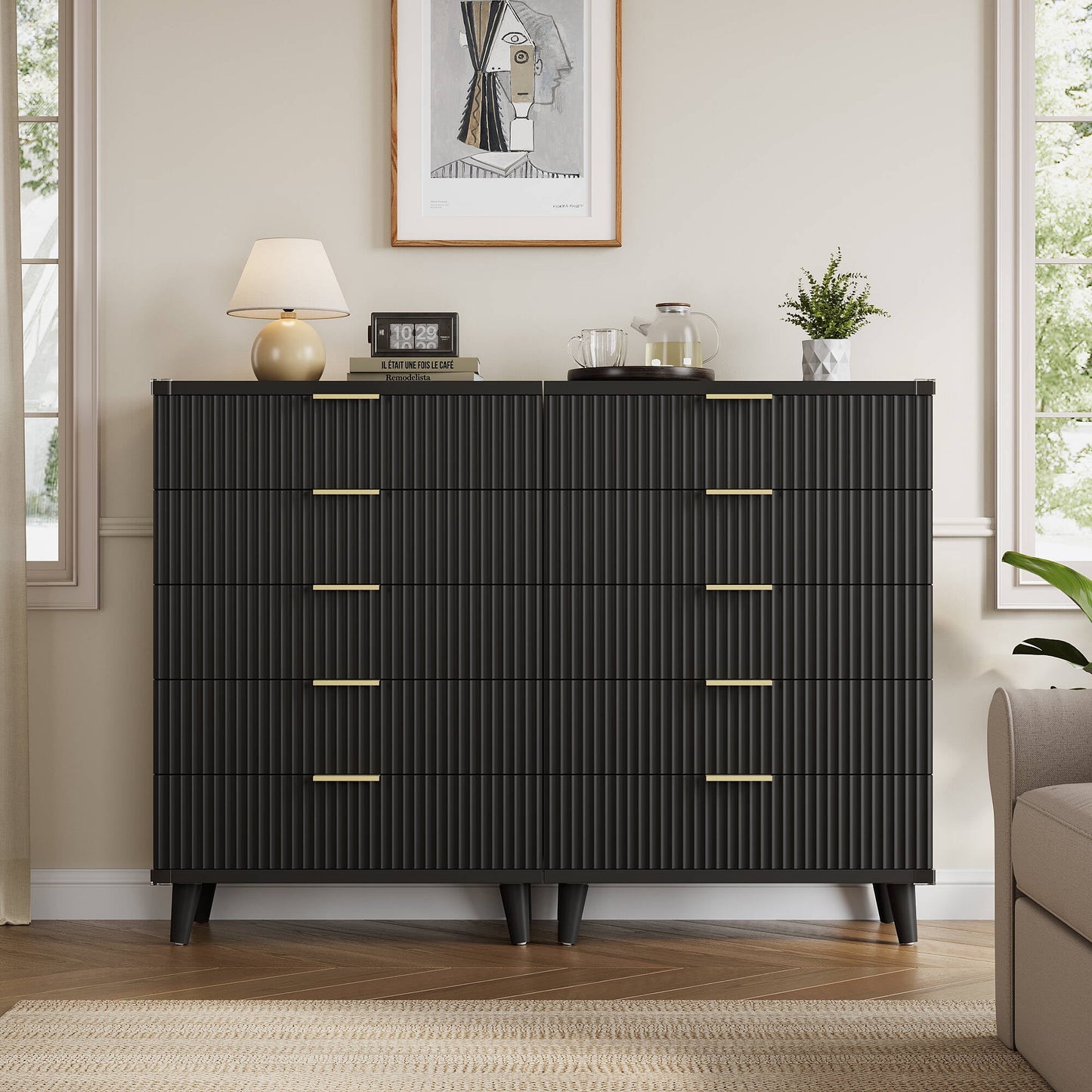 GIKPAL 5 Drawers Tall Dresser Set of 2, Modern Fluted Black Dresser Wood Chest of Drawers for Bedroom Living Room Hallway Entryway